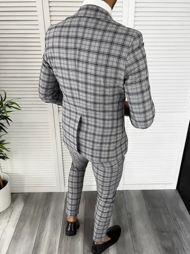 Costum barbati slim fit gri in carouri B7916 O2-2.1